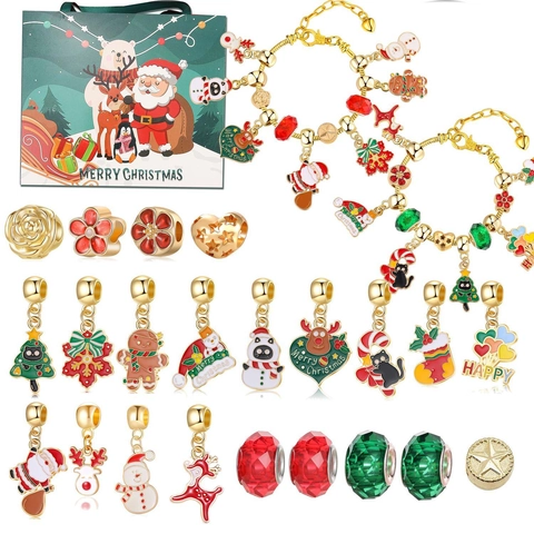 Christmas DIY Bracelet Advent Calendar Blind Box 24 Days Countdown Jewelry Set For Women Girls Alloy Glass Charms Gift