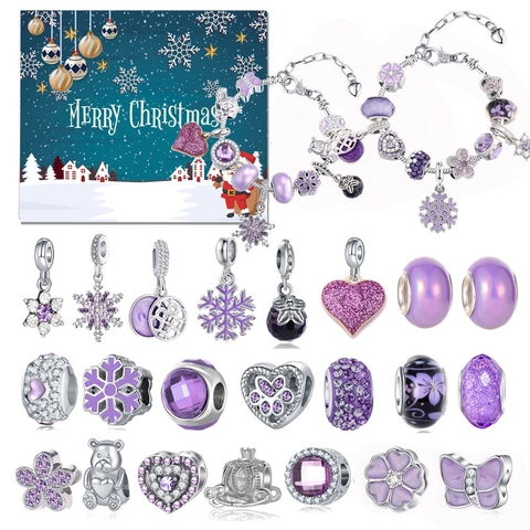 Calendario dell'Avvento di Natale Kit per Creazione Braccialetti DIY Viola Strass Fiocco di Neve Ciondoli Cuore Confezione Regalo Gioielli Donna