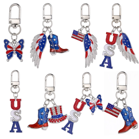 Portachiavi Patriottico Giorno Indipendenza USA Rosso Bianco Blu Bandiera Ciondolo Borsa Lega Zinco Smalto Strass Ali