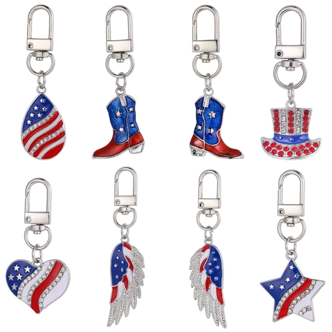 Portachiavi in Lega Bandiera USA Rosso Bianco Blu Giorno dell'Indipendenza Patriottico Americano Strass Smalto Cuore Stella Ala Pendente Gioielli Regalo