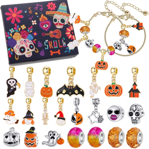 Calendario dell'Avvento di Halloween Set di Gioielli DIY Ciondoli in Lega a Forma di Zucca e Teschio Kit per Braccialetti