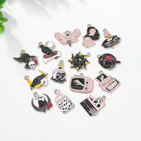 Gothische Halloween Legering Emaille Hangers Voor DIY Sieraden Maken Schedel Kraai Roos Vintage Donkere Stijl Ketting Bedeltjes