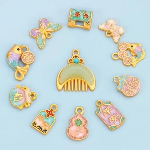 Ancient Gold Alloy Enamel Koi Butterfly Pendant Charm For DIY Jewelry Hanfu Accessory Fortune Peace Fish Lock Gourd Charms