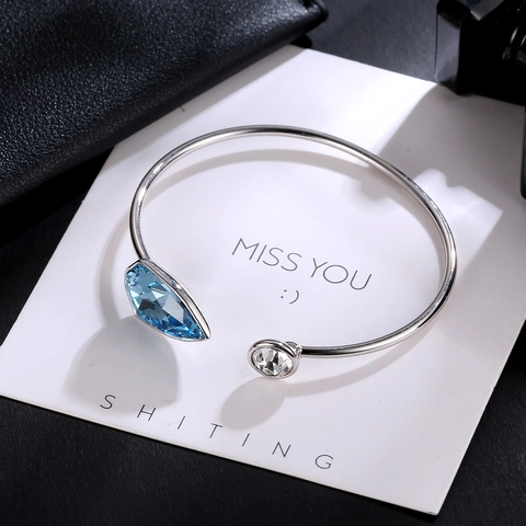 Light Luxury Austrian Blue Artificial Crystal Open Bracelet For Women Silver Plated Rhinestone Adjustable Bangle Jewelry