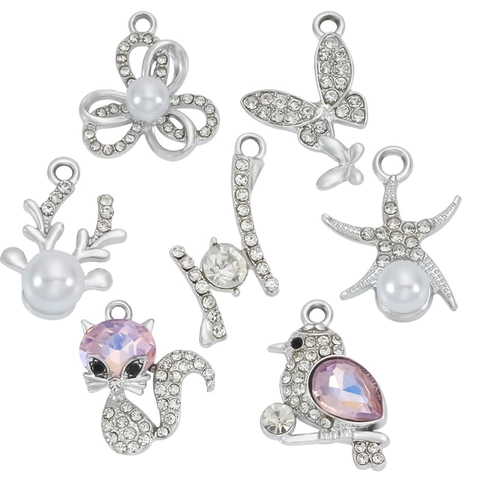 Dijes de Animales de Aleación Cristal Diamantes de Imitación para Joyería DIY Pulsera Collar Mariposa Estrella de Mar Zorro Pájaro Ciervo