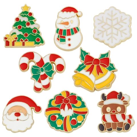 Cartoon Christmas Enamel Brooch Pins Santa Claus Reindeer Snowman Tree Wreath Bell Alloy Festive Badge Holiday Jewelry Gift