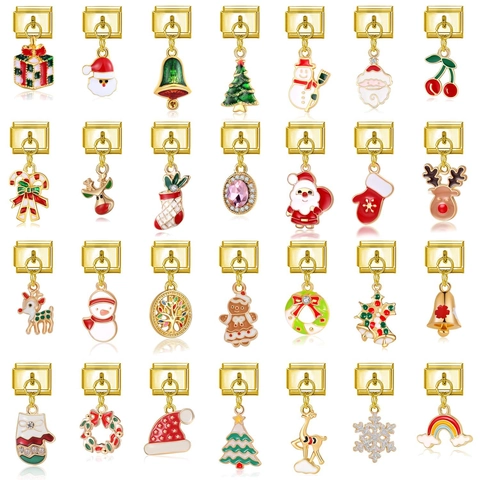 Pendentifs Breloques Modulaires Italiens Ton Or Pour Fabrication De Bracelets DIY Noël Père Noël Strass Métal Accessoires Bijoux