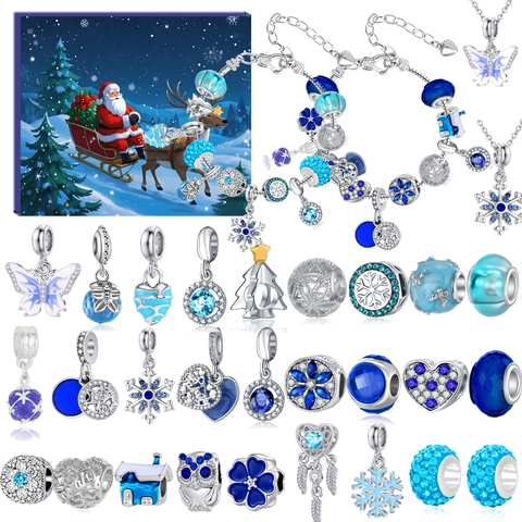 Blau Weihnachten Adventskalender DIY Schmuck Legierung Perlen Anhänger Halskette Armband Geschenk Kollektion Damen Mädchen