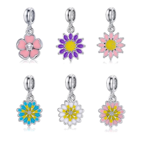 Sweet Alloy Flower Charms For Bracelet DIY Cherry Blossom Daisy Tulip Pendant With Rhinestone Enamel Jewelry Making Accessories