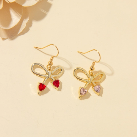 Sweet Alloy Rhinestone Bow Knot Heart Drop Earrings For Women Elegant Fairy Style Gold Silver Dangle Earrings Jewelry Gift