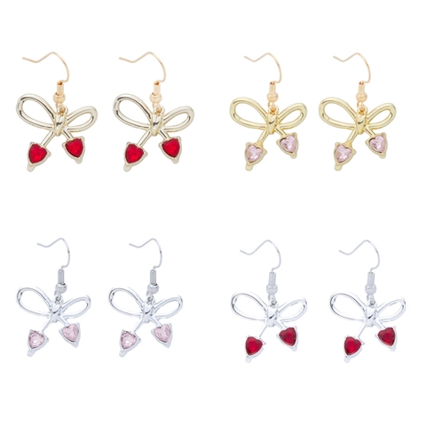 Sweet Alloy Rhinestone Bow Knot Heart Drop Earrings For Women Elegant Fairy Style Gold Silver Dangle Earrings Jewelry Gift