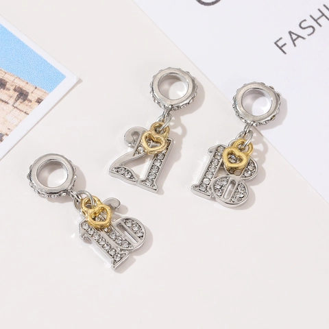 Alloy Rhinestone Number 16 18 21 Heart Pendant For DIY Beaded Bracelet Necklace Birthday Jewelry Gift Women Girls Charm