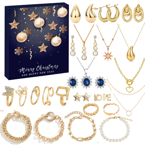 Weihnachts Adventskalender Schmuck Blind Box Set Für Damen Legierung Strass Künstliche Perle Halskette Ohrringe Armband Ringe Festliches Geschenkbox