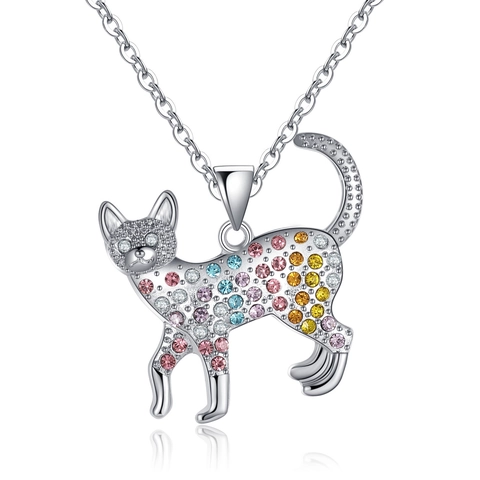 Cute Cartoon Cat Pendant Necklace For Kids Girls Colorful Rhinestone Alloy Silver Chain Animal Kitten Jewelry Gift