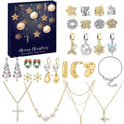 Weihnachts Adventskalender Schmuck Blind Box Set Für Damen Legierung Strass Künstliche Perle Halskette Ohrringe Armband Ringe Festliches Geschenkbox