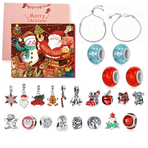 Christmas Advent Calendar DIY Bracelet Making Kit For Girls Women Alloy Christmas Charms Red Gift Box 24 Days Countdown Jewelry Set