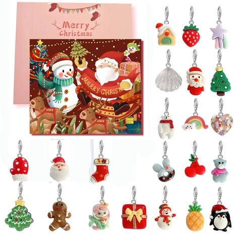 Kids Christmas Advent Calendar DIY Bracelet Blind Box Gift Set Alloy Cartoon Unicorn Santa Claus Charms Jewelry Making Kit For Girls