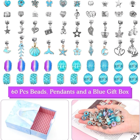 DIY Jewelry Making Kit For Girls Blue Mermaid Ocean Theme Bracelet Beads Set With Alloy Pendants Marble Gift Box For Kids