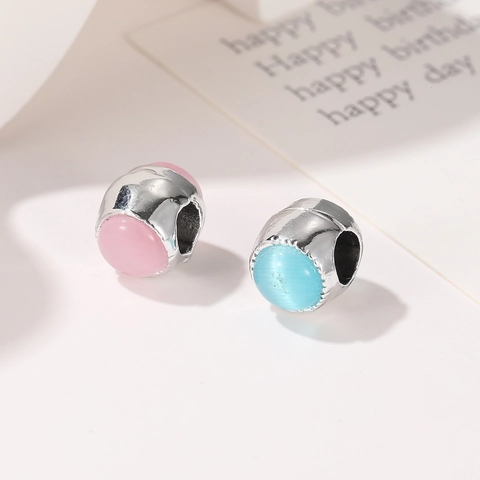 Abalorio de Cuenta de Aleación de Piedra de Ojo de Gato Forma Redonda Para DIY Joyería Pulsera Rosa Azul Accesorios