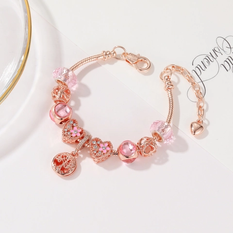 DIY Kralen Charm Armband Voor Vrouwen Roségoud Verguld Legering Slangenketting Armband Met Hart Klaver Zeester Levensboom Glazen Kralen Sieraden Cadeau