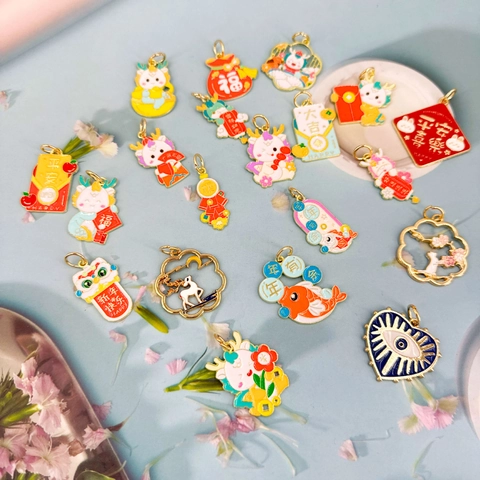 Chinese New Year Style Alloy Drip Oil Enamel Pendants For DIY Jewelry Making Bracelet Necklace Dragon Fortune Bag Lucky Charms