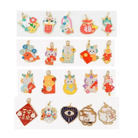 Chinese New Year Style Alloy Drip Oil Enamel Pendants For DIY Jewelry Making Bracelet Necklace Dragon Fortune Bag Lucky Charms