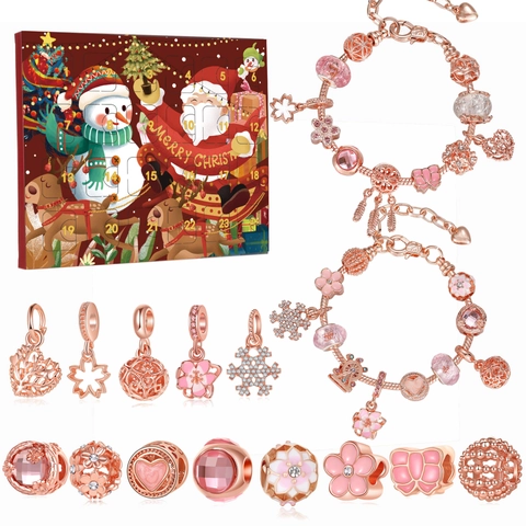 Roségold Weihnachten Adventskalender DIY Armband Set Für Damen Mädchen Schmuck Geschenkbox Mit Charms Perlen Schlangenkette