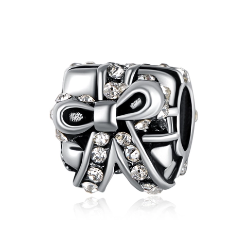 Alloy Gift Box Charm With Rhinestone Bow For DIY Snake Chain Bracelet Women Jewelry Silver Color Christmas Bead Accessory