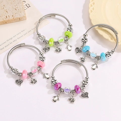 DIY Beaded Charm Bracelet For Kids Women Alloy Heart Elephant Angel Wing Frog Pendant Adjustable Wire Bracelet Cute Fashion Jewelry Gift