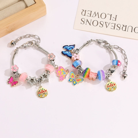 Bracelet à Breloques Papillon Mignon DIY Perles Colorées Bracelet Chaîne Serpent en Alliage pour Filles Femmes Cadeau d'Anniversaire