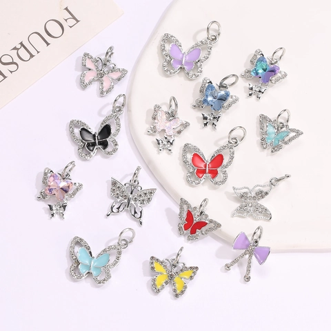 Pendentifs Charms Papillon en Alliage Strass Émail pour Création de Bijoux DIY Bracelet Collier Femmes Enfants Plaqué Or Argent Accessoire Papillon Dessin Animé