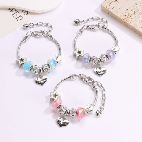 Alloy Charm Bracelet For Women Girls Silver Snake Chain Beaded Heart Star Pendant Big Middle Little Sister Bracelet Jewelry
