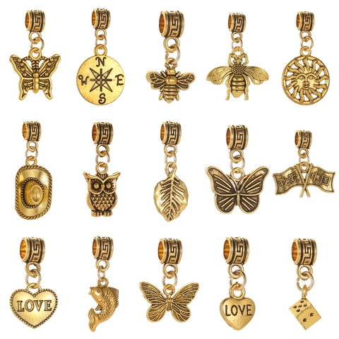 Vintage Gold Alloy DIY Pendants Charms For Jewelry Making Butterfly Sun Heart Bee Owl Compass Accessories For Necklace