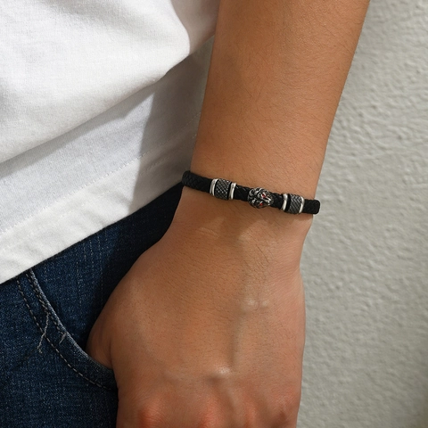 Men Stainless Steel Lion Head Braided Leather Bracelet Vintage Hip Hop Jewelry Gift For Boys Stylish Black Cord Wristband