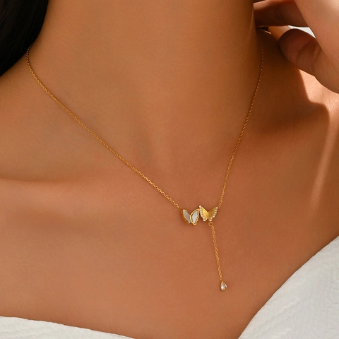 Edelstahl Doppelter Schmetterling Halskette Mit Perlmutt Zirkonia Y-Form Quasten Wassertropfen Anhänger Schmuck Für Damen