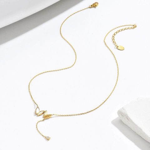 Edelstahl Doppelter Schmetterling Halskette Mit Perlmutt Zirkonia Y-Form Quasten Wassertropfen Anhänger Schmuck Für Damen