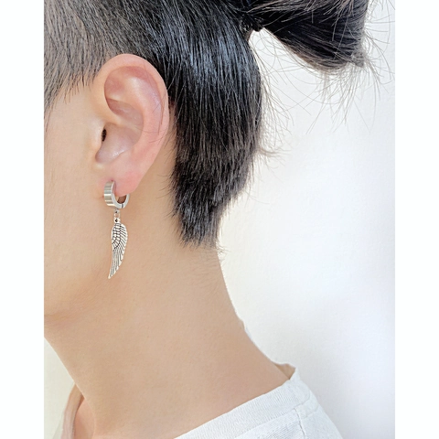 Retro Stainless Steel Hoop Earrings With Alloy Angel Wing Pendant Punk Rock Hip Hop Jewelry For Men Women Silver Tone