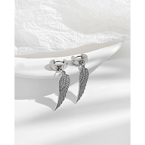 Punk Angel Wing Feather Hoop Earrings For Men Stainless Steel Silver Dangle Drop Earrings Hip Hop Gothic Jewelry