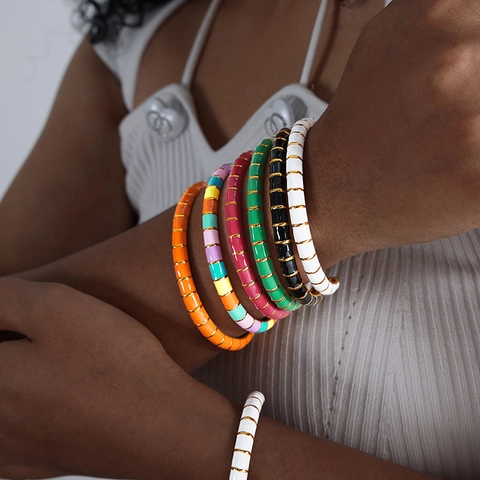 Kawaii Macaron Farbe Emaille Armreif Für Damen Titanstahl Vergoldet Fliesen Design Trendy Mode Schmuck Täglicher Zubehör