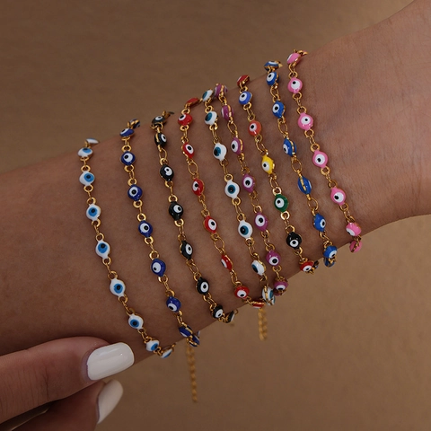 Titanium Steel Gold Plated Evil Eye Jewelry Set Colorful Enamel Beads Necklace Bracelet For Women Bohemian Fashion Jewelry