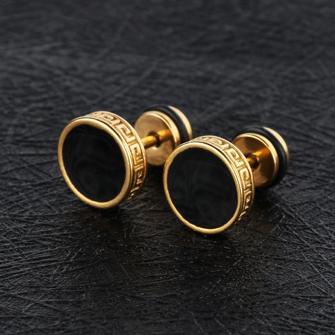 Pendientes de Botón de Acero de Titanio para Hombre Patrón de Greca Negro Redondo Geométrico Hip Hop Joyería Minimalista Regalo