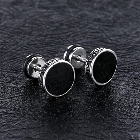 Pendientes de Botón de Acero de Titanio para Hombre Patrón de Greca Negro Redondo Geométrico Hip Hop Joyería Minimalista Regalo