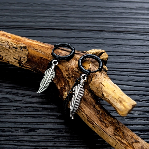 Titanium Steel Feather Tassel Chain Hoop Stud Earrings Hip Hop Punk Street Style For Men Women Fashion Jewelry