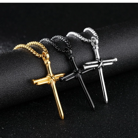 Punk Stainless Steel Cross Pendant Necklace For Men Gothic Industrial Nail Design Hip Hop Fashion Jewelry Unisex Jewelry