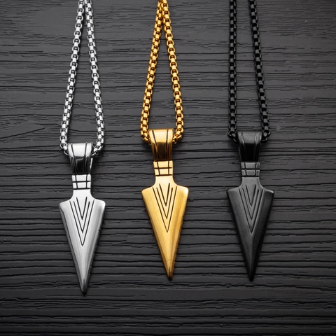 Men's Industrial Style Stainless Steel Arrowhead Pendant Necklace Spearhead Punk Streetwear Jewelry For Men Gold Silver Black