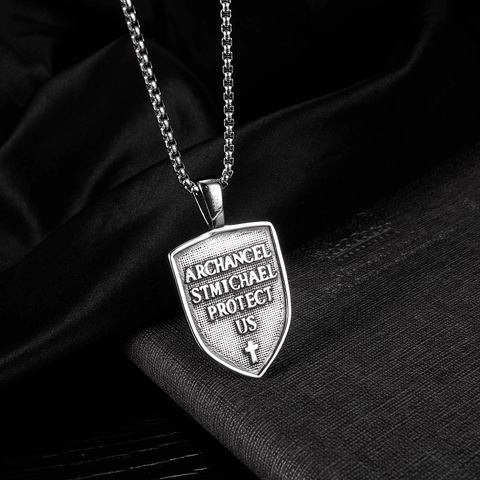 Vintage Stainless Steel Archangel Saint Michael Shield Pendant Necklace For Men Retro Angel Wings Cross Gothic Jewelry Gift