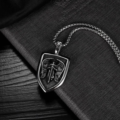 Vintage Stainless Steel Archangel Saint Michael Shield Pendant Necklace For Men Retro Angel Wings Cross Gothic Jewelry Gift