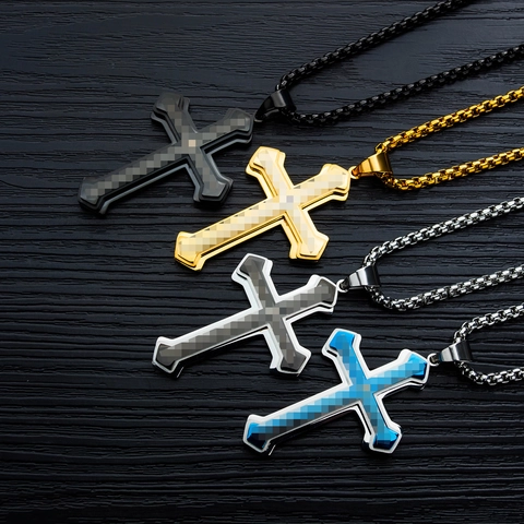 Herren Titanstahl Kreuz Anhänger Halskette Blau Gold Schwarz Kreuz Halsketten Mit Boxkette Edelstahl Religiöser Schmuck