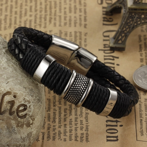 Herren Trendy Doppellagiges Geflochtenes Schwarzes Lederarmband Edelstahl Magnetverschluss Silber Ringe Vintage Hip Hop Schmuck