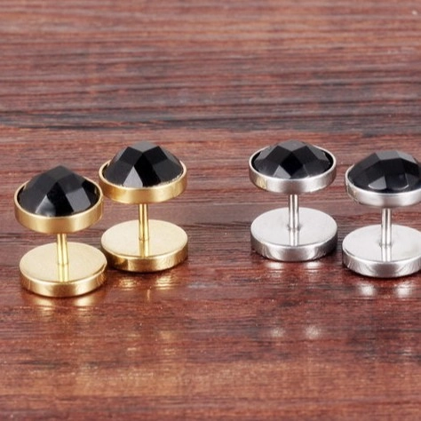 Men's Stainless Steel Black Rhinestone Stud Earrings Round Punk Hip Hop Style Ear Piercing Jewelry Accessory For Men Women